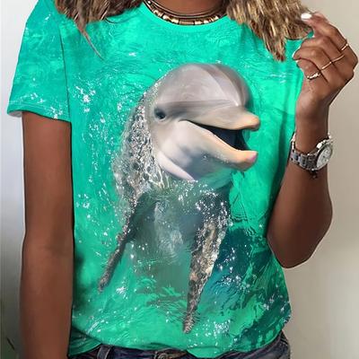 T-shirt girocollo con stampa di delfini vivaci - T-shirt casual da donna a maniche corte per la primavera e l'estate - Abbigliamento morbido, traspirante e dalla vestibilità comoda per le donne