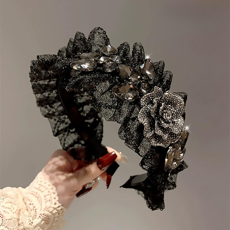 Luxury Korean Style Women Black Lace Hairband with Rhinestone Flower Headband Wide Edge Hair Clip Female Hairpin New Headwear