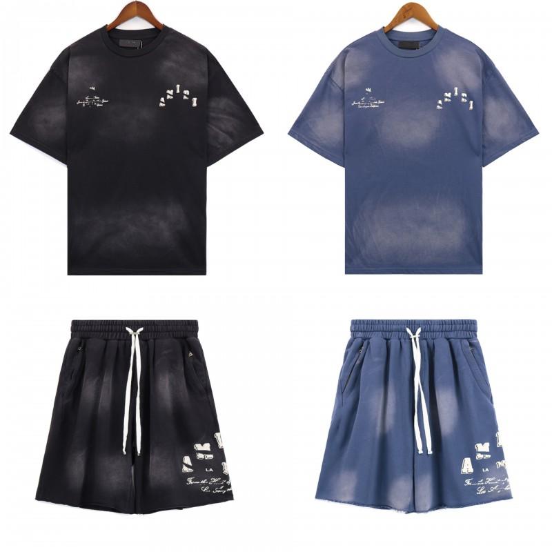 Mens Washed Vintage Loose Fit Cotton Blend T-Shirt Shorts Set Casual Outfit