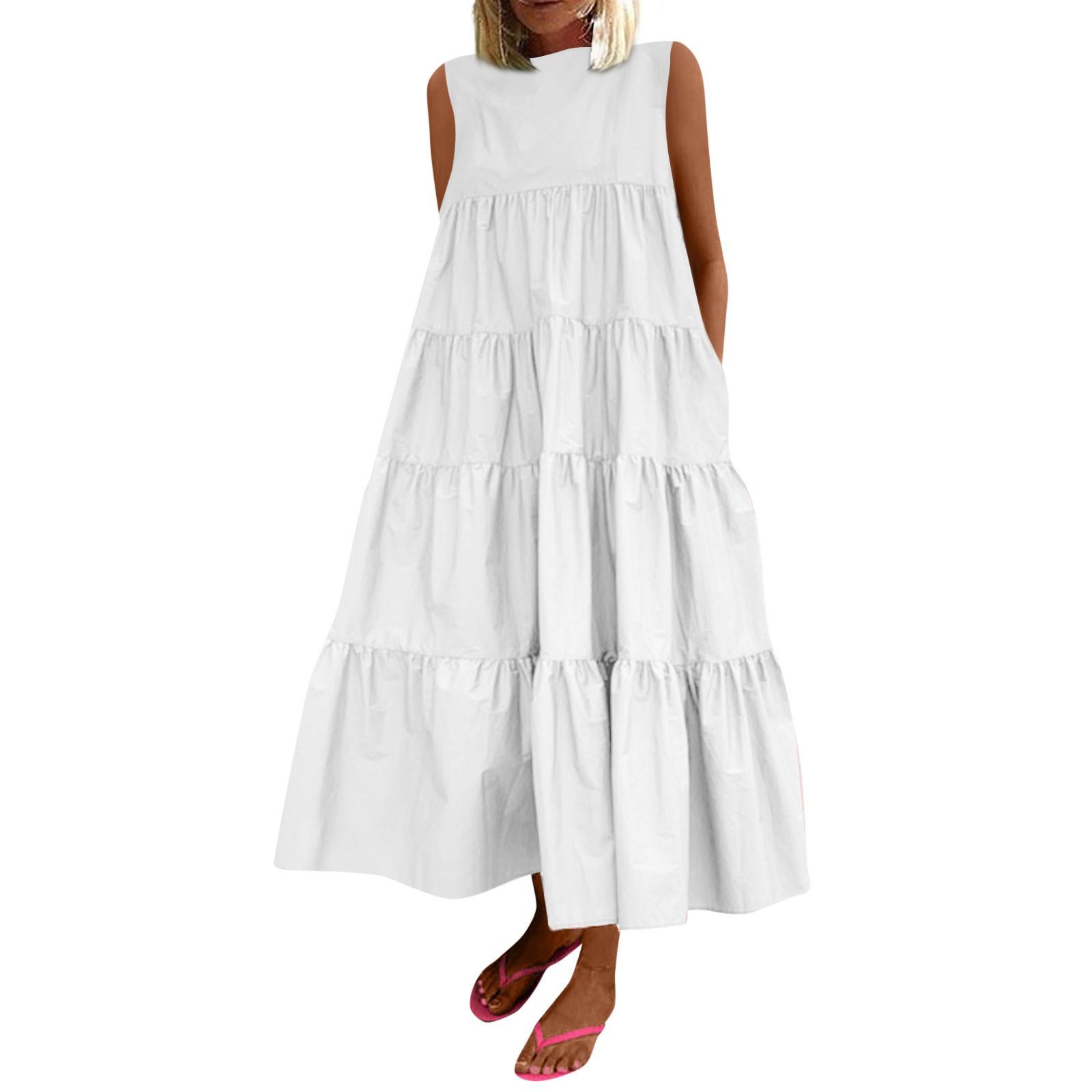 

Женская мода без рукавов сплошной цвет повседневные свободные платья без карманов с круглым вырезом XXXL белый