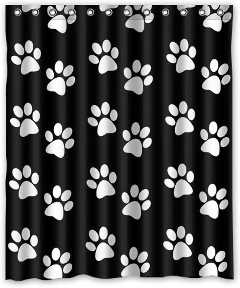 Funny Dog Shower Curtains Cute Cartoon Animal Paw Print Bones Children Bathroom Decor Polyester Fabric with Hooks Bathtub Screen