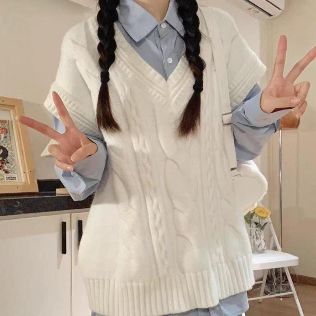 Korean Preppy White Sweater Vest & Shirt Set - Women's High-End Knitted Two-Piece for Spring & Autumn