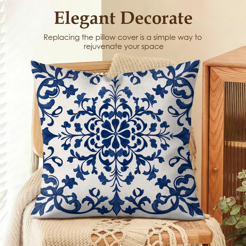 Blue Porcelain Motifs Cushion Cover Natural Linen Organic Fabric DoubleSided Printing Sofa Home Decor Gift Pillow Cover