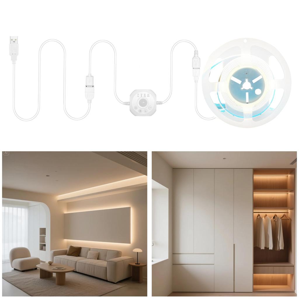 Clearhill Motion Sensor COB LED 5V USB Strip Light, 5M, Warm White 3000K, Daytime and Night Modes, 4 Timer Off Modes, 320 LEDsM, 8mm Wide, for DIY