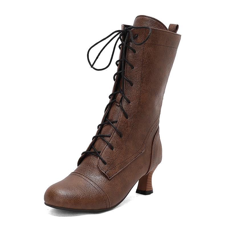 Lace-Up Mid-Boots Knight Boots Martin Boots Thick Mid-Heel Casual Boots 40-50 Plus Size Boots