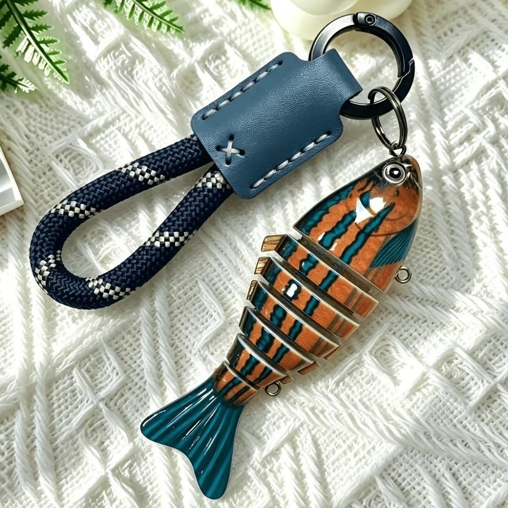 Novelty Multi-jointed Fish Keychain Hand-wrapped Leather Wooded Keyring  Backpack Decor