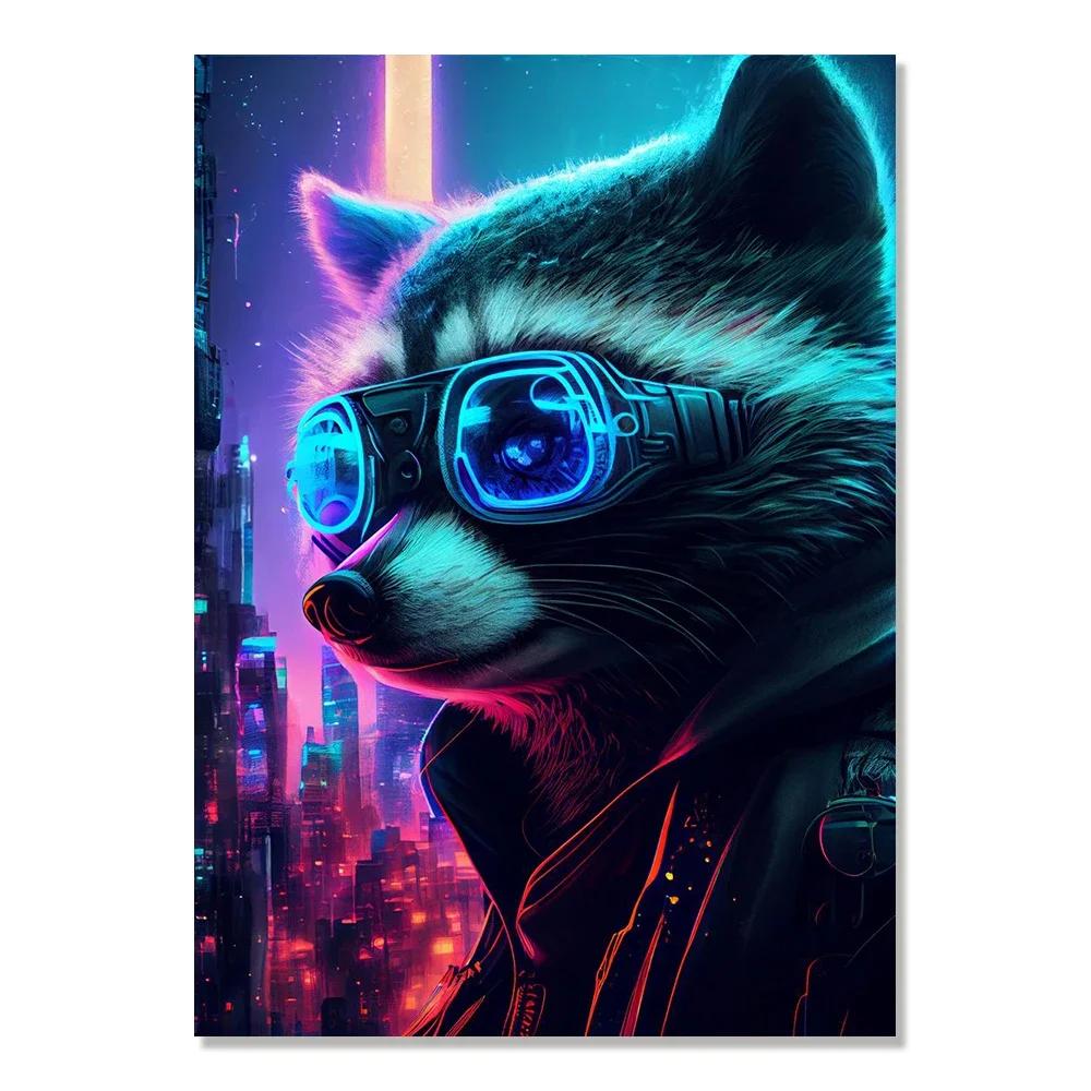Cyberpunk Style Future Fantasy Lion Monkey Agent Animal Poster Wall Art Canvas Painting for Living Room Home Decoration