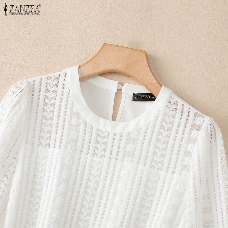 ZANZEA Γυναικείο Casual Στρογγυλή Λαιμόκοψη Φαρδύ Δαντελωτό Μισομάνικο Κάλυμμα Μπλούζα