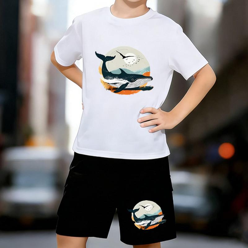 

Boys 2 Piece Ocean shark printed outfit, Short Sleeve T-Shirt and Shorts Set for Kids Age 5-14,Black,White Sporty Casual Summer Clothes 13-14 Years