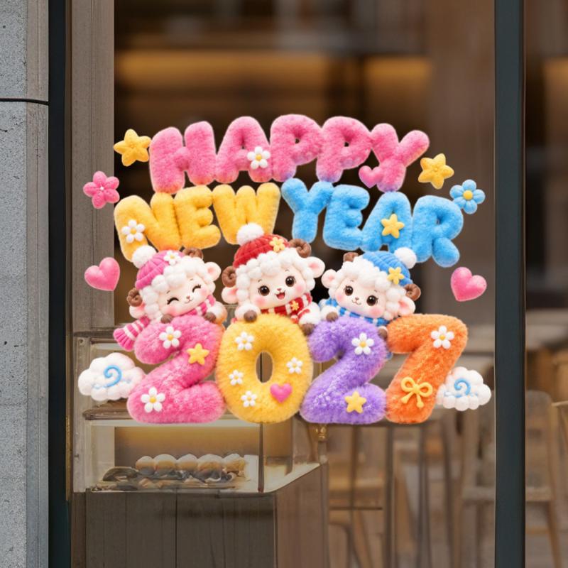 2027 Knit Sheep Static Window Sticker Happy New Year Decals Cute Lamb Christmas Home Shop Glass Decor