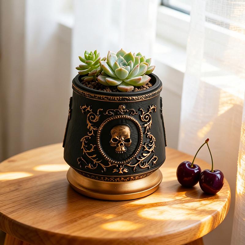 Gothic Skull Embossed Flower Pot Black Gold Resin Planter for Succulents Small Plants Home Office Desktop Window Decoration