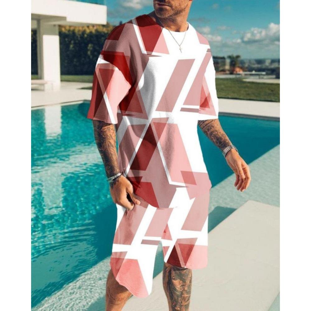 Summer Men's O-Neck Short Suit Sleeve coatGeometric Pattern Print 3D Sportswear Casual Oversized Top Shorts Breathable Sportswea