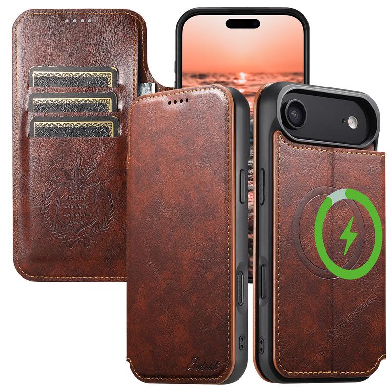 

Oil Wax Magnetic Flip Stand Case for iPhone 17 Pro Max 15/16 iPhone 15 коричневый