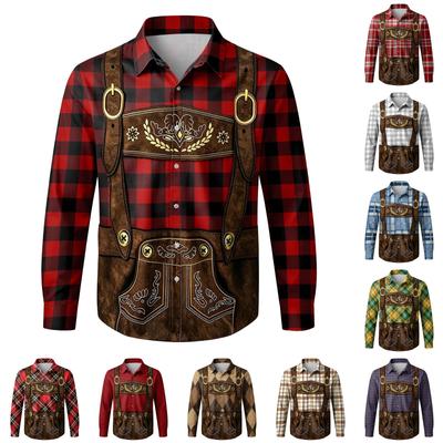 Men's 3D Printed Plaid Long Sleeve Button Down Shirt with Vintage Suspender Design for Festival Casual Outdoor Party Wear