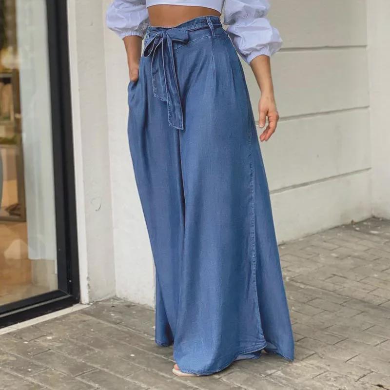 2023 Women's High-Waist Wide-Leg Denim Pants with Elegant Lace-Up