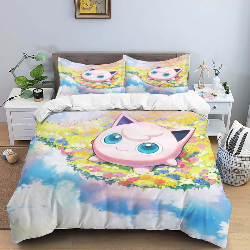 New Pokémon Jigglypuff print three-piece bedding set, including 1 duvet cover and 2 pillowcases, suitable for adults and childre