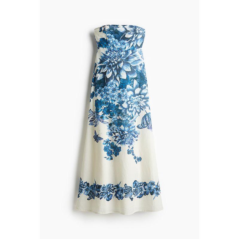 

HM Women s Clothing Dress Fall 2025 New Arrival Linen Blended Tube Top Plant Print Long Skirt 1271253 White/Blue Florals 170/116(XL)