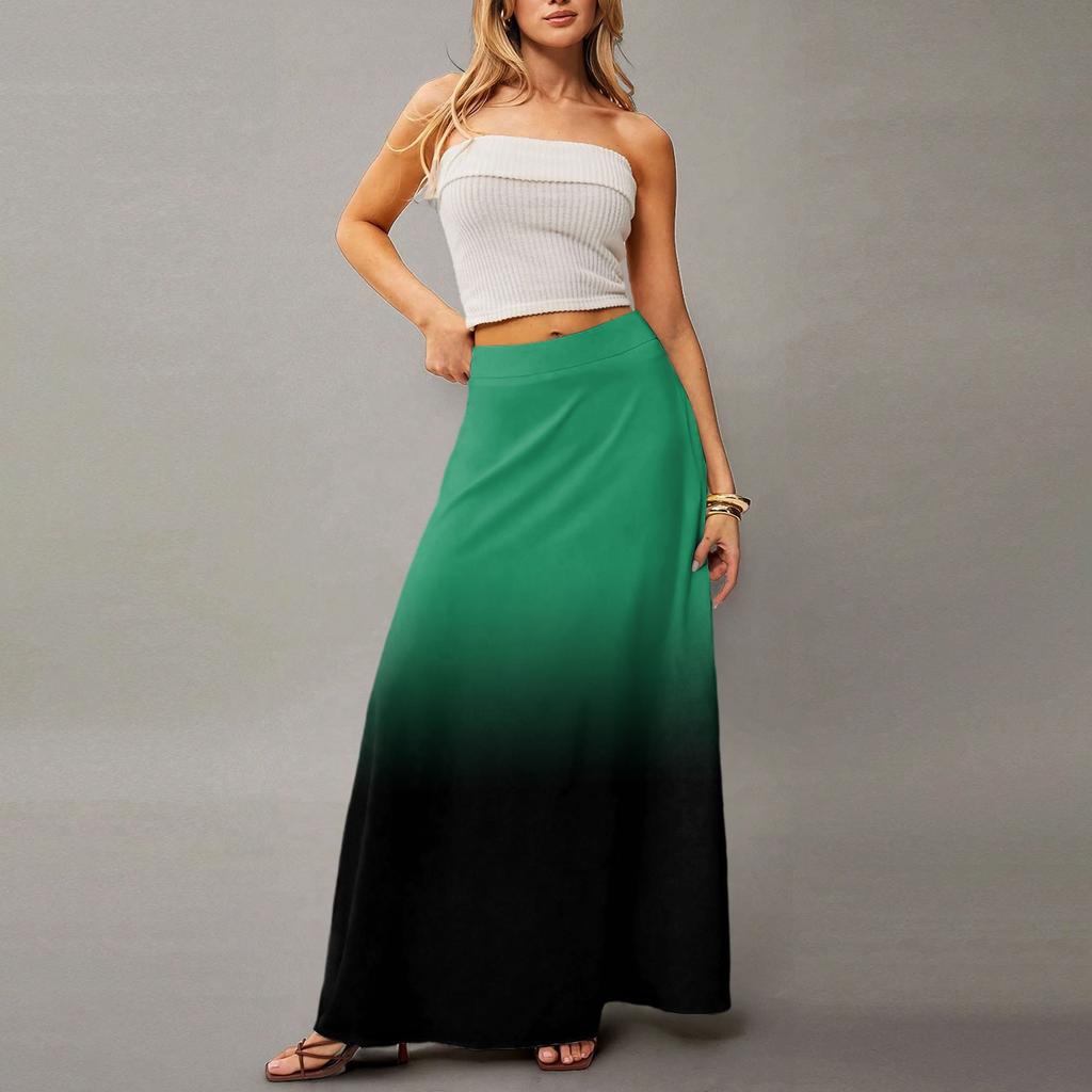 Women's Casual Leisure Foldable Gradient Print High Waist With Pocket Draped  Relaxed Long Maxi Skirt