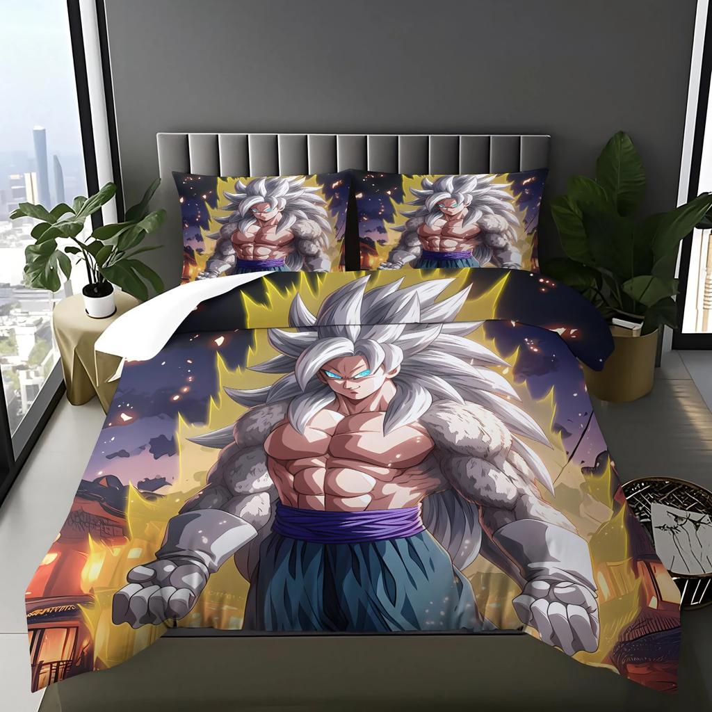 Japanische heiße Anime-Bettwäsche mit G-Goku-Muster, Bettbezug und Kissenbezug, geeignet für Kinder-Jahreszeiten-Schlafzimmerdekoration