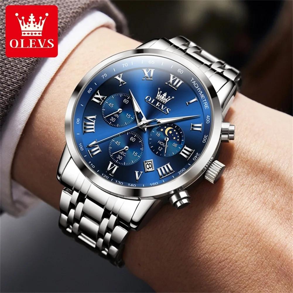 OLEVS Luxury Quartz Watch For Men Roman Scale Moon Phase Chronograph Man Watches Waterproof Luminous Calendar Wrist Watch
