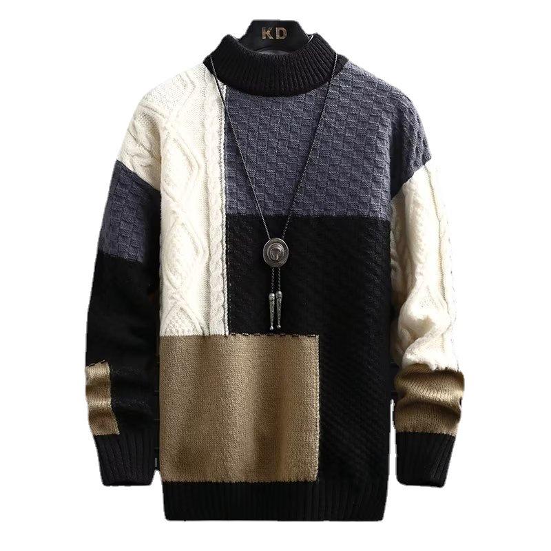 Men's Japanese Retro Color Block Knit Sweater - Autumn/Winter Long Sleeve Casual Pullover