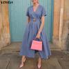 VONDA Women Elegant V Neck Pleated Midi Dress Short Sleeve High Waist A Line Office Style Sundress
