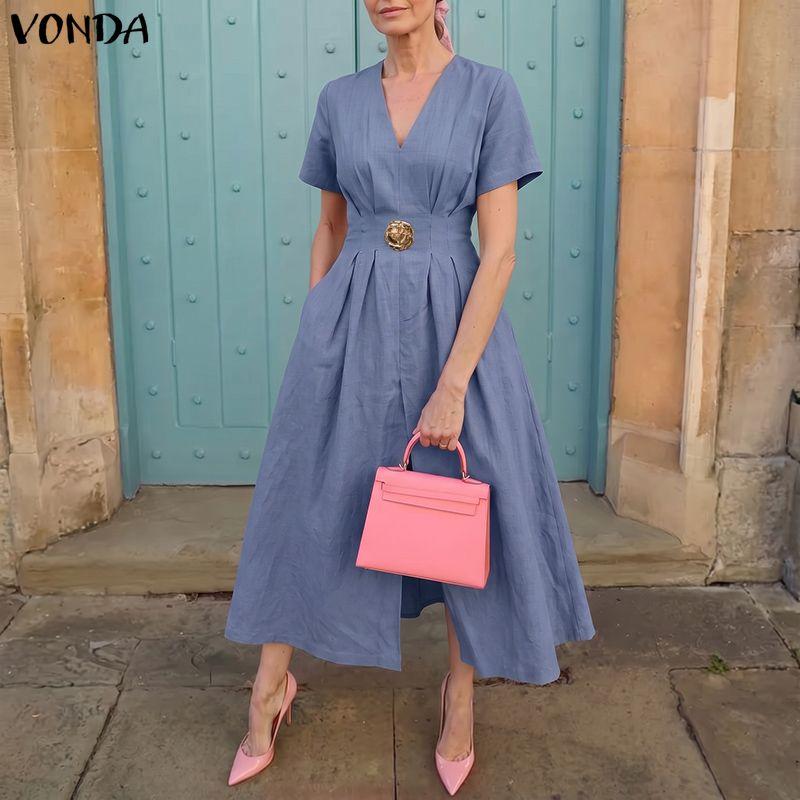 VONDA Women Elegant V Neck Pleated Midi Dress Short Sleeve High Waist A Line Office Style Sundress