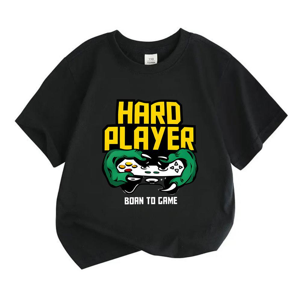 Kids Boys Girls 100% Cotton Crew Neck Short Sleeve T-Shirt, Hard Player Born To Game Print Casual Tees, Soft Breathable Lightweight Tops for Daily Gam