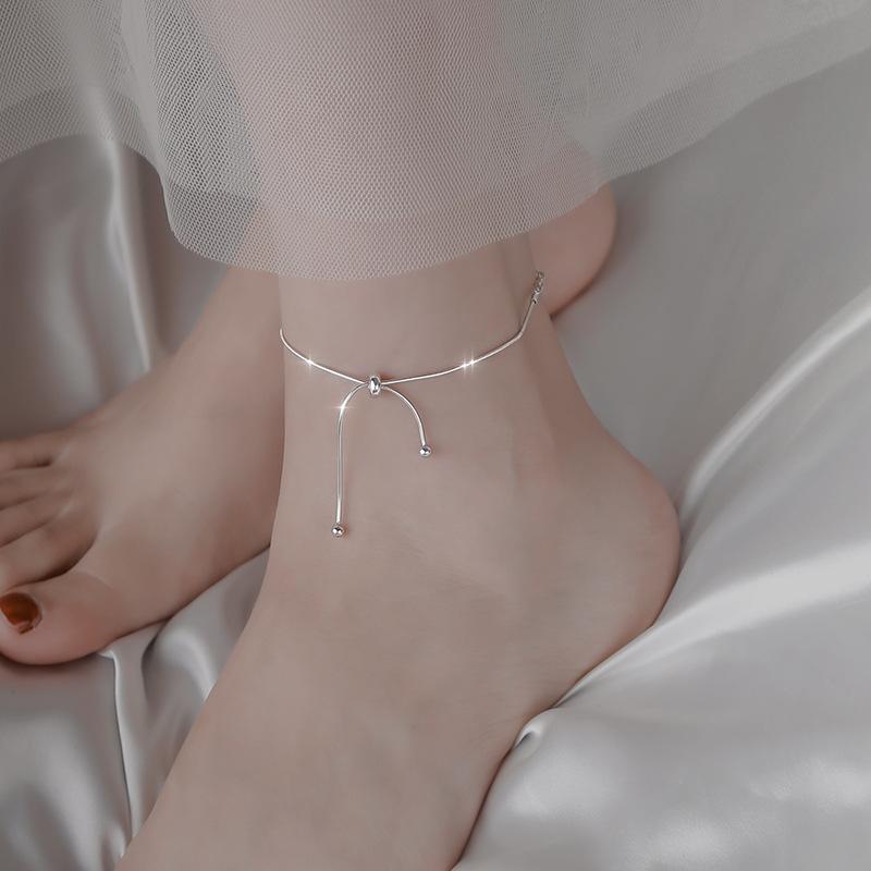 925 Silver Anklet Simple Ring Circle Ball Geometric Adjustable For Women Girls Fashion Jewelry Gift