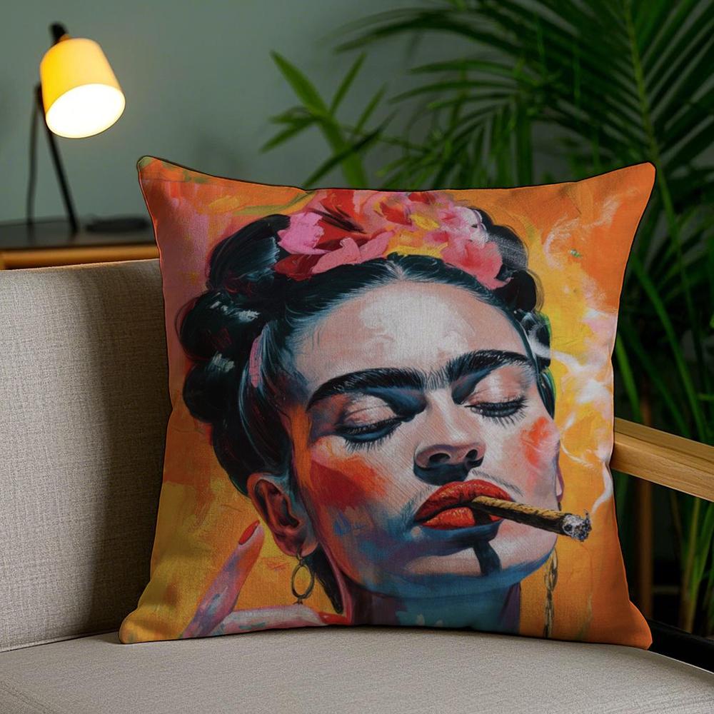 Housse de coussin Art Peinture F-Fridas Peluche Courte Douce Impression Double Face Décoration Intérieure Housse de Coussin Lavable en Machine Cadeau
