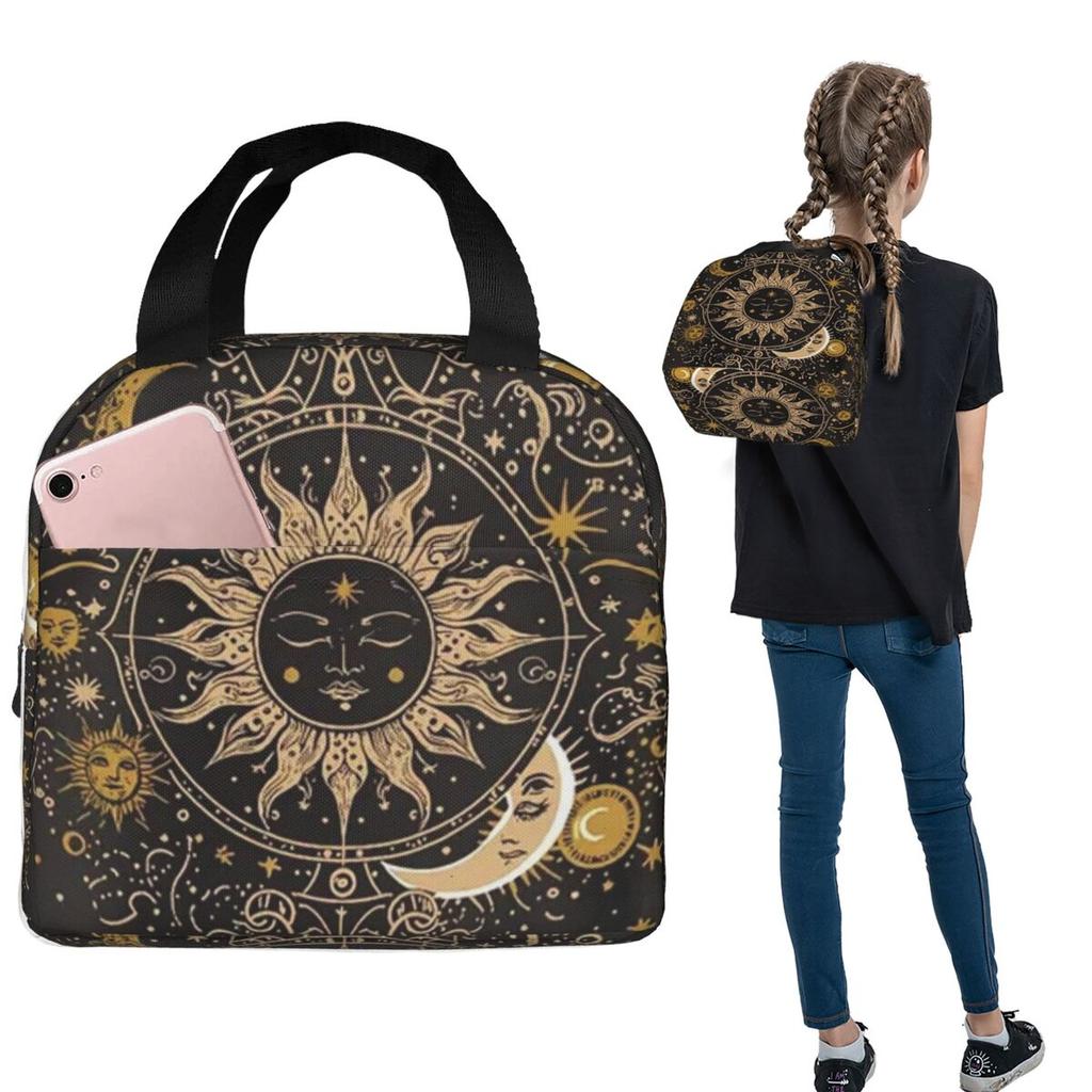Boho Golden Crescent Moon And Sun Witch Insulated Lunch Bag for Women Children Portable Food Boxes Thermal Lunch Box Tote