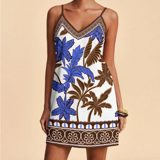 2026 Summer Fashion Casual Spaghetti Strap Printed V-Neck Slim Fit Dress for Women