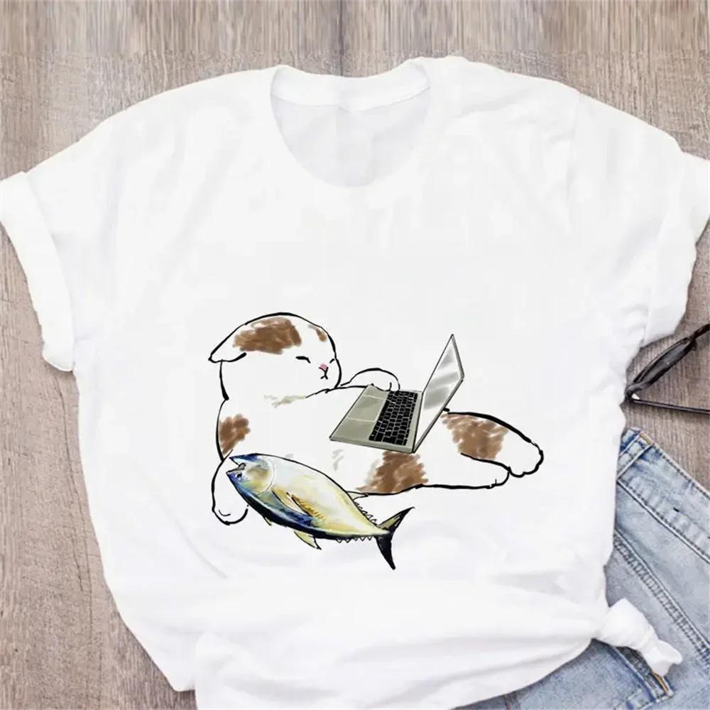 Pattern Printed Fashion Aesthetic Tops Tee Casual Cute Cat Funny Cartoon Womens Harajuku Short Sleeve Casual Aesthetic Clothes