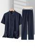 Men's Chinese Style Cotton Linen Short-Sleeved Tang Suit Set for Middle-Aged and Elderly
