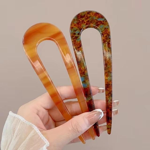 Fashion Marble Print U-Shaped Hair Fork Acetate Geometric Hair Clip Stick For Bun Maker Women Girls DIY Vintage Hairstyle Tools