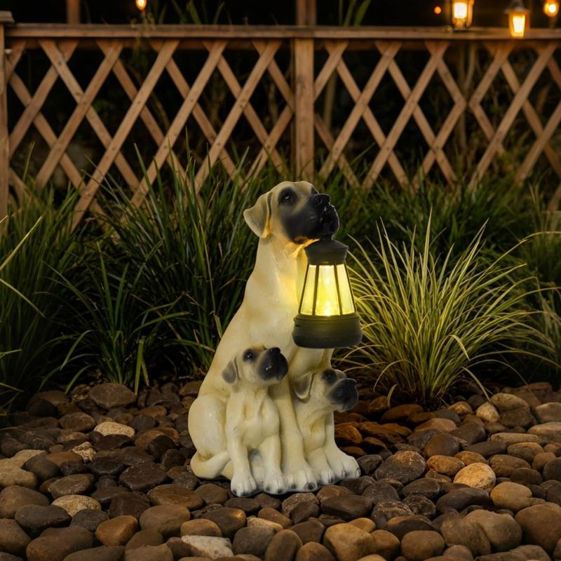 Dog Garden Statue with Hanging Light, Resin Outdoor Display Accent for Porch Lawn and Entryway Presentation Piece