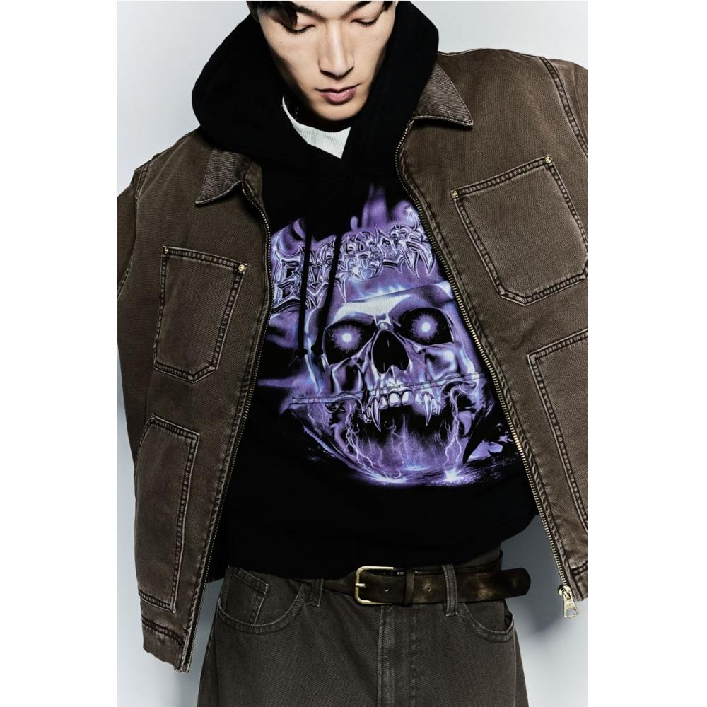 

H M Loose Fit Print Hoodie Black eupHoria XS