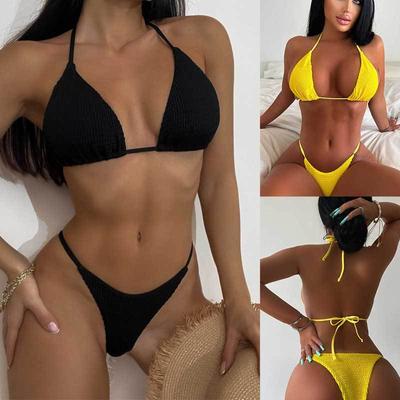 Women Sexy Halter Triangle Split Bikini Suit Set Summer Tie Side G-String Thong Swimsuit Lace Up Elastic Bikini Solid Color