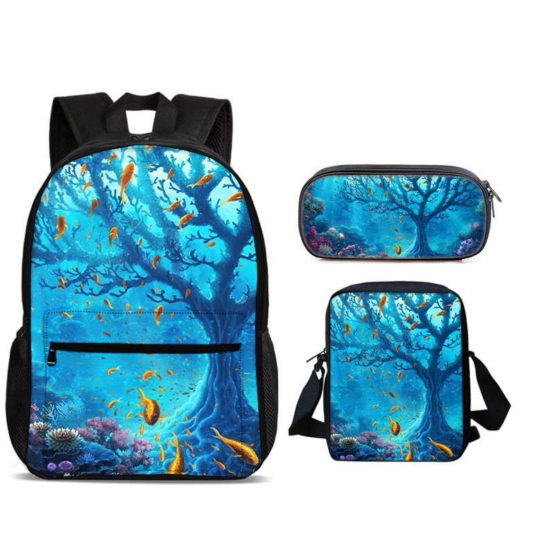 Mondo Subacqueo Zaino Portapenne Borsa a Spalla Set 3pz Versatile Cartone Animato Grande Capacità Ragazzo e Ragazza Scuola Compleanno Miglior Regalo