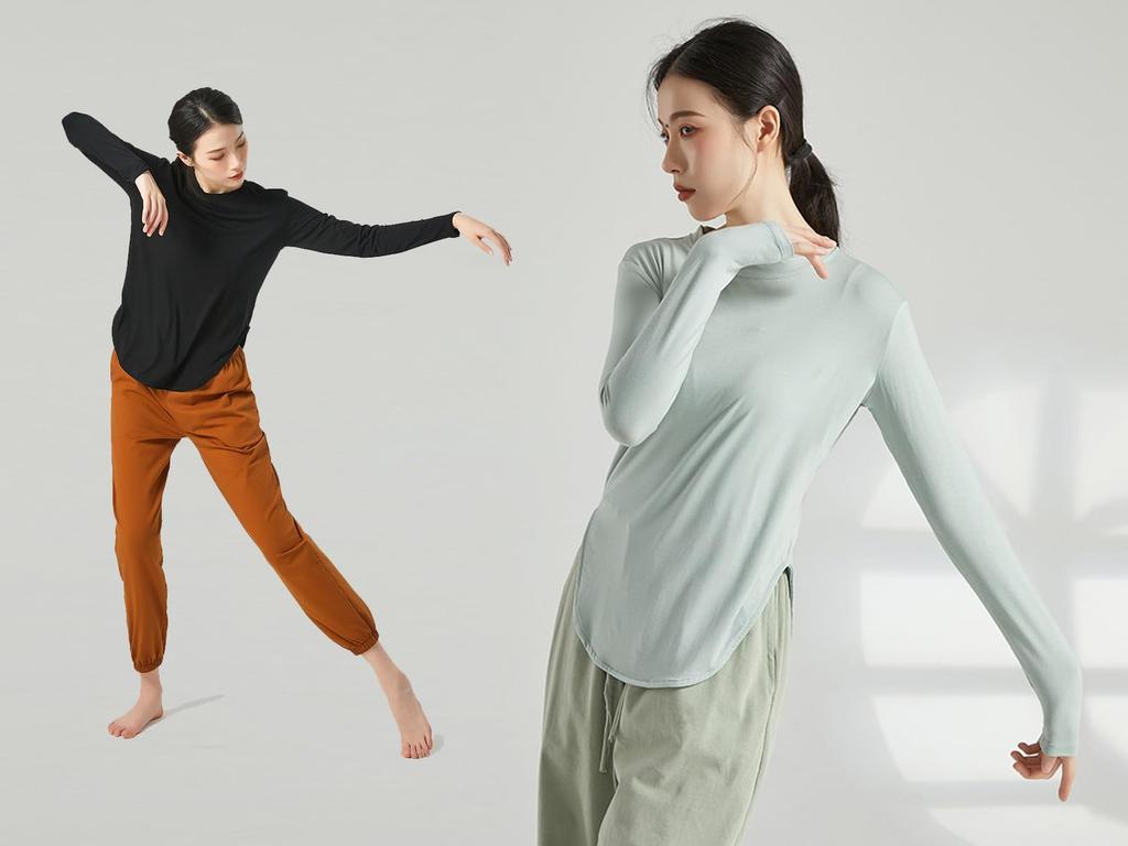 Yuoku Long Sleeve Ballet Practice Stretch Blouse with Slit and Round Perfect for Classical and Ballroom and Refreshing Solid Color Women's T-Shirt,