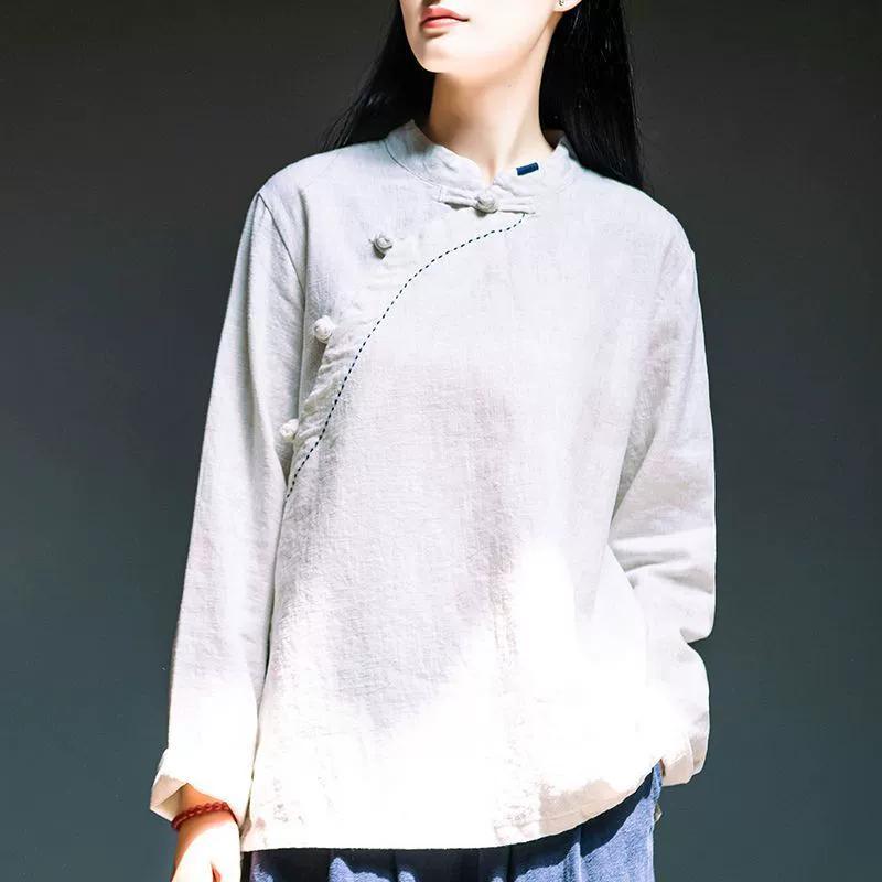 

Chinese Retro Cotton and Linen Long-sleeved Shirt Women s Spring and Autumn Loose Stand-up Collar Was Thin, Oblique Lapel Tea Service Plate Buckle Top XXXL