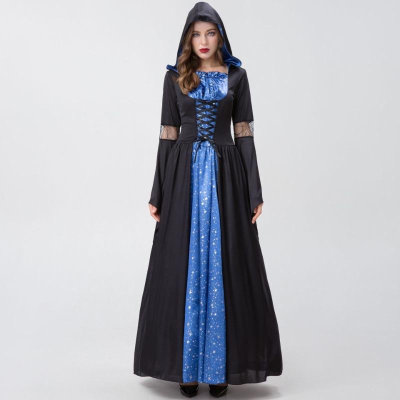 Halloween Costume Masquerade Witch Reaper Cosplay Blue and Black Print Costume