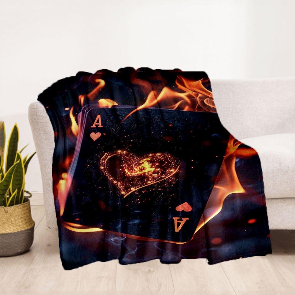 Flaming Heart Ace Playing Cards - Limited Edition Poker DeckBlanket Flannel Throw Blanket for Sofa, Bed, Travel, Camping, Office