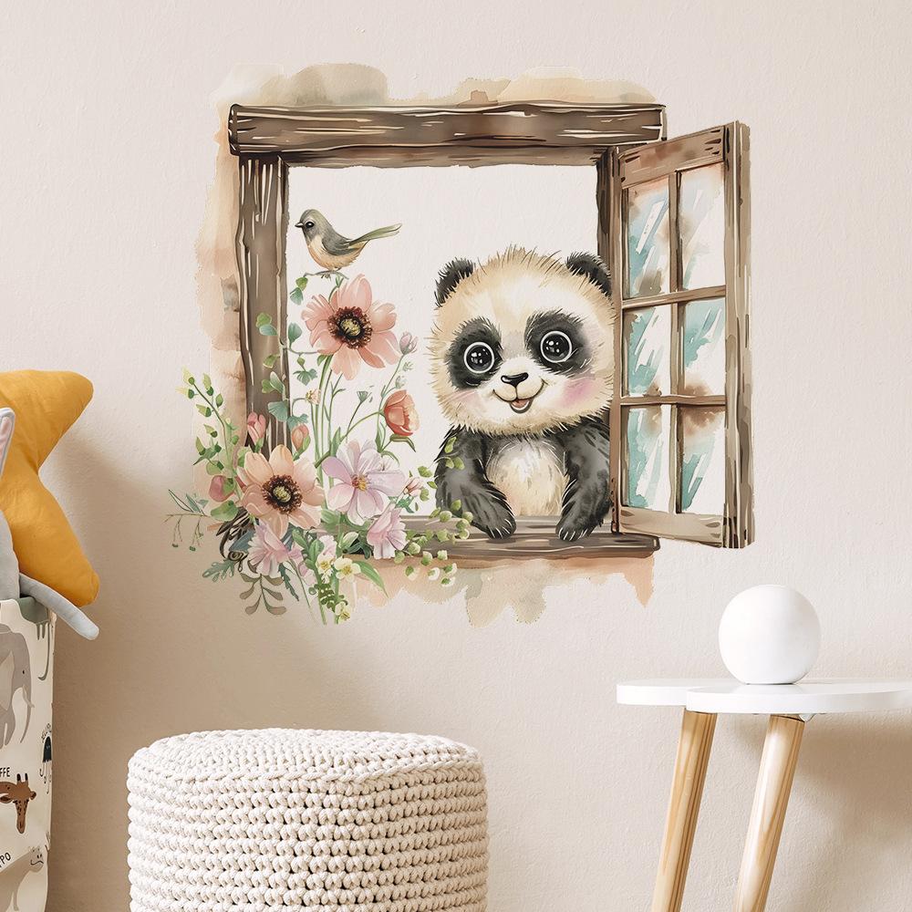 Fun-b54 False Window Panda Children's Room Kindergarten Home Background Landscaping Wall Sticker