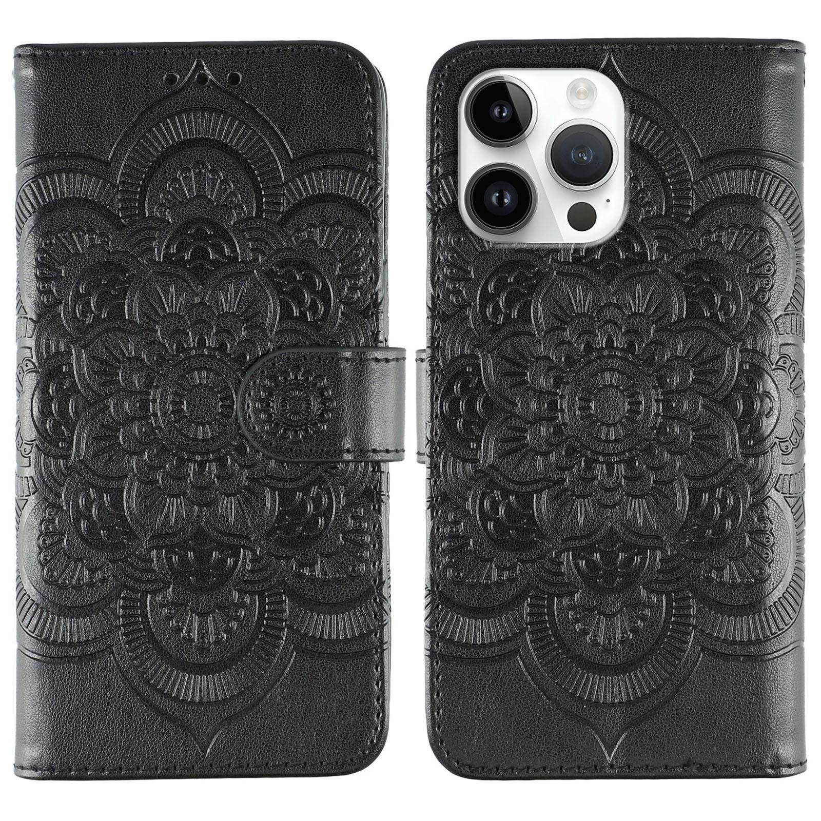 

For iPhone 14 Pro Case PU Leather Mandala Imprinted Design Wallet Phone Cover Black