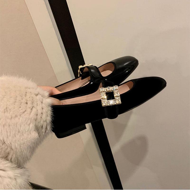 

Fashion 2025 Luxury Shoes Mary Jeans Woman Velvet Med-High Heels&Flats Heeled Loafers Crystal Leather Belt Strap Ballets Femme Chaussure 5