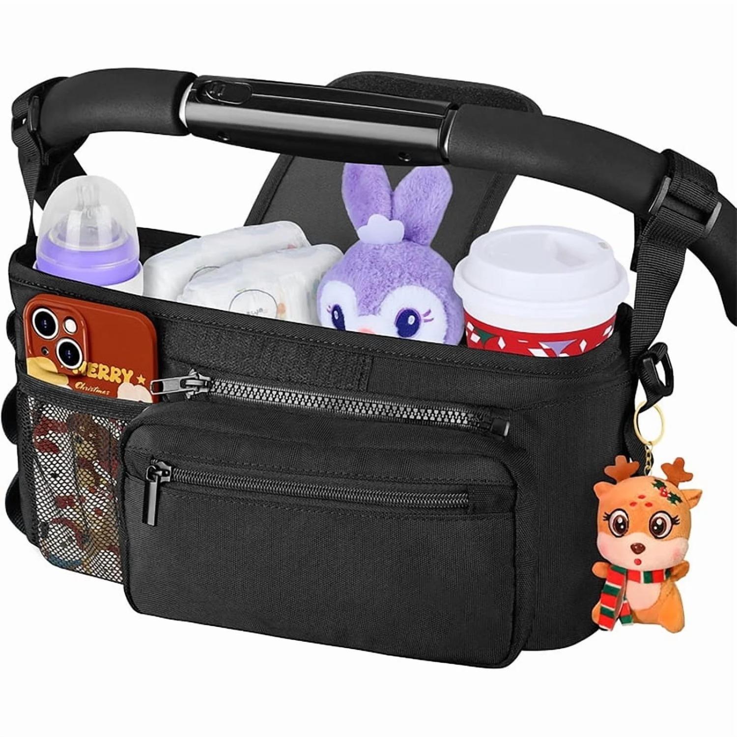 Pram Organiser Bag with Cup Holder: Large Capacity Pram Cup Holder with Non Slip Strap, Universal Pram Accessories, Baby Essentials for Newborn чёрный