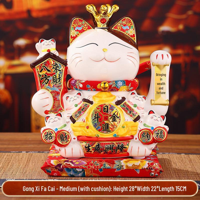 Automatic Waving Ceramic Lucky Cat Figurine - Perfect for Housewarming, Cash Register, or Living Room Decor