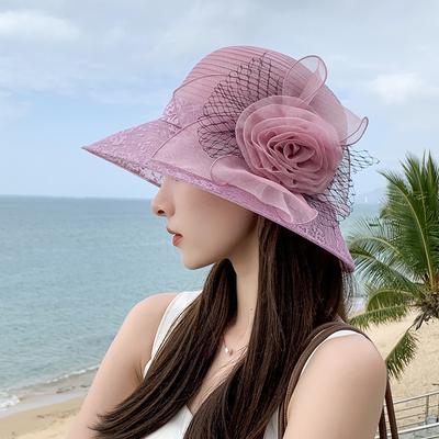 Vintage Elegant Flower Organza Sun Hats Ladies Wedding Party Floppy Church Hat For Women Summer Antiuv Travel Beach Caps