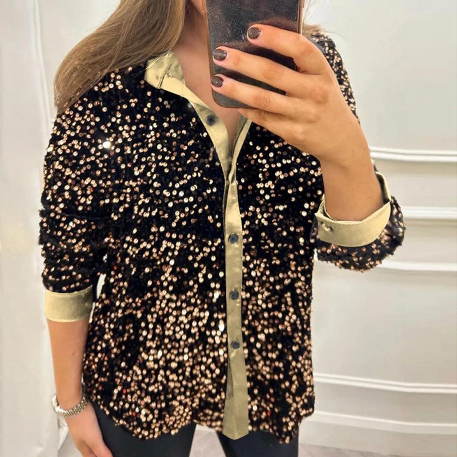 

Женская модная однотонная рубашка с длинным рукавом и воротником на пуговицах с блестками XXXL